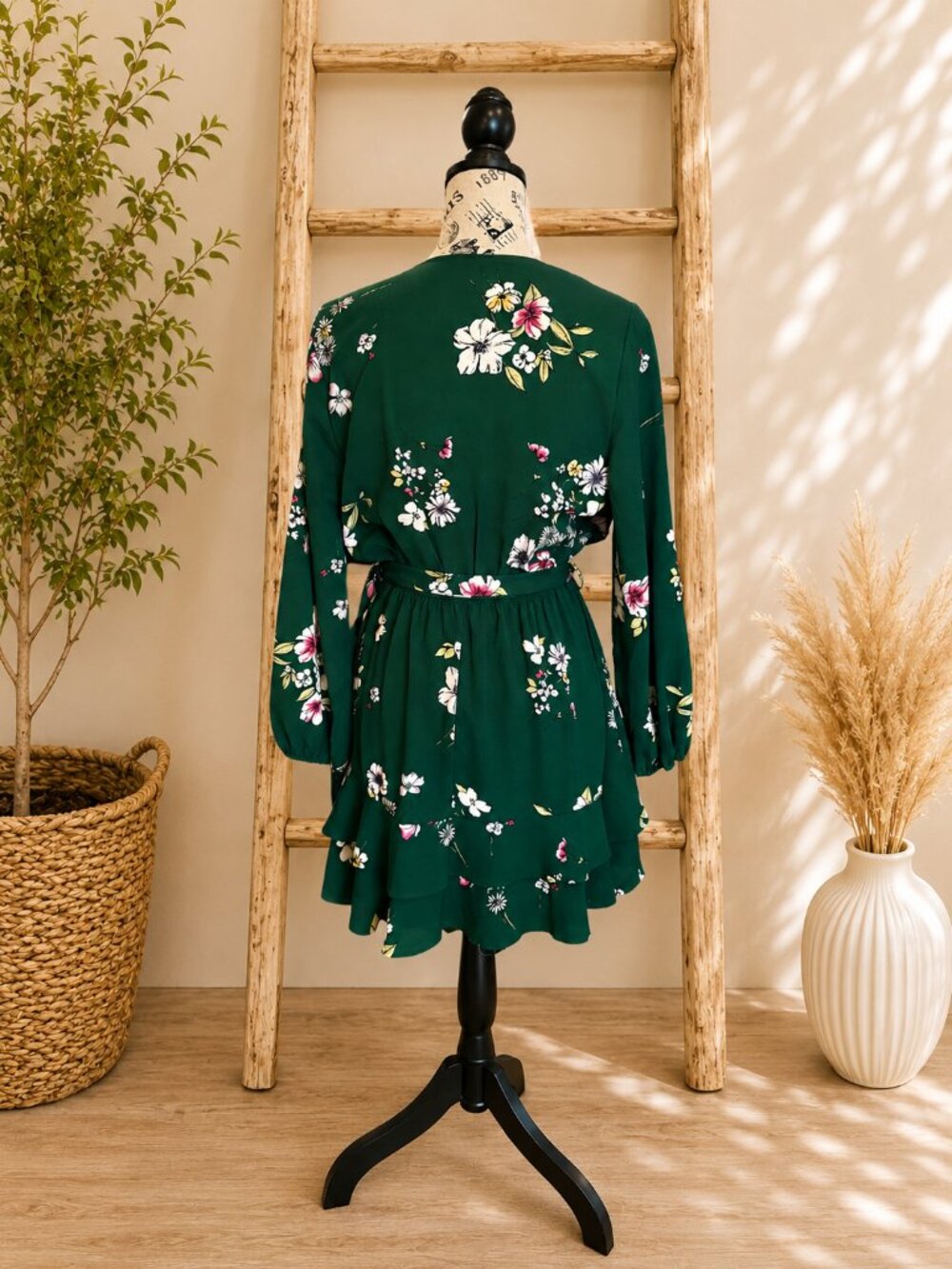 Purple Snow Forest Green Floral Faux Wrap Dress M - Picture 2 of 4